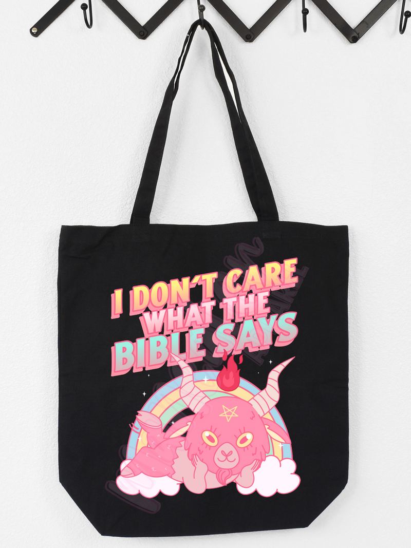 i don't care what the bible says tote bag