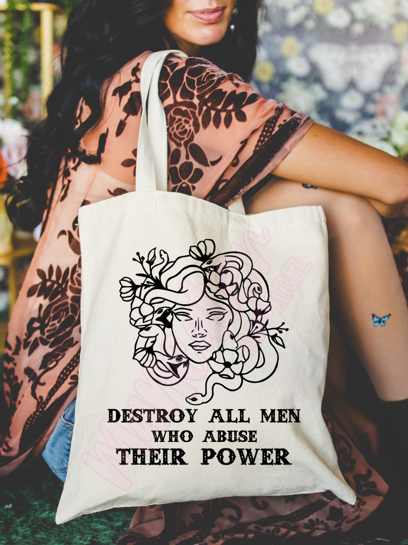 destroy all men who abuse their power medusa tote bag